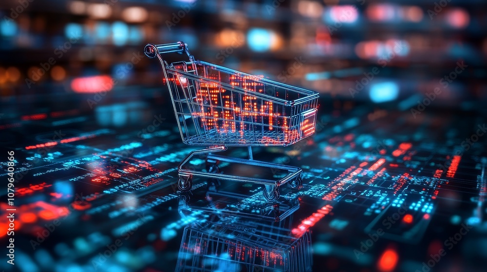 Poster digital hologram of a shopping cart on a digital background with stock market data, global network, 