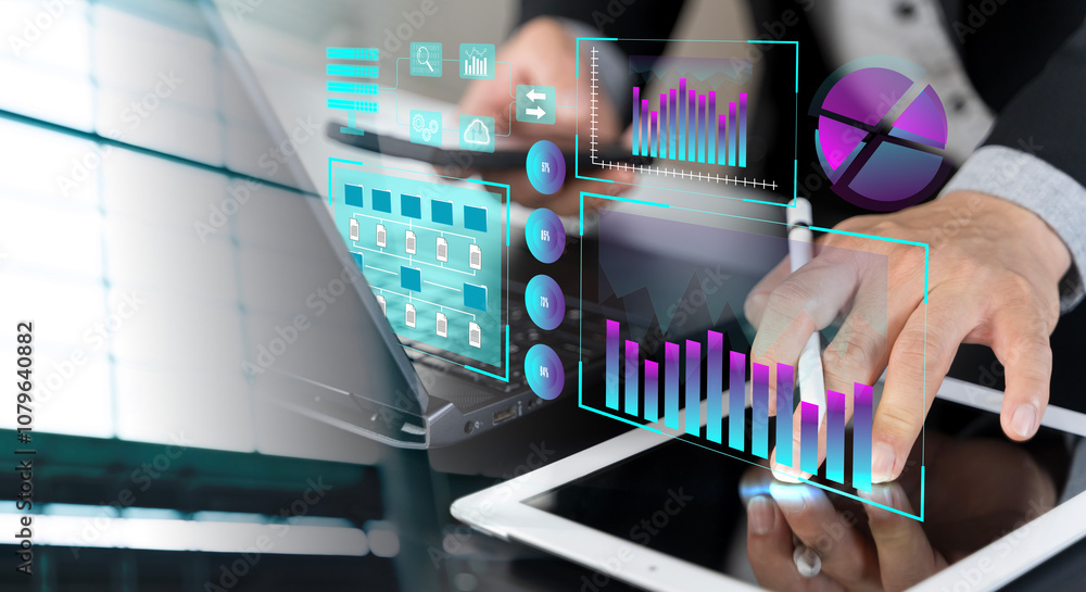 Poster businessman using laptop computer analyzing sales data and financial growth graph chart report.