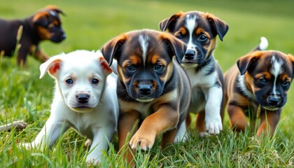 A group of playful puppies frolicking in a grassy field