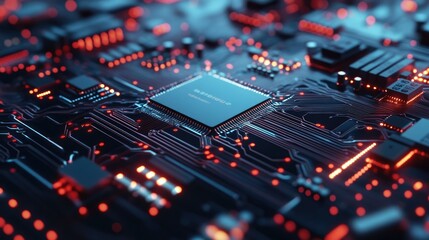Closeup of a Circuit Board with Glowing Red and Blue Lights