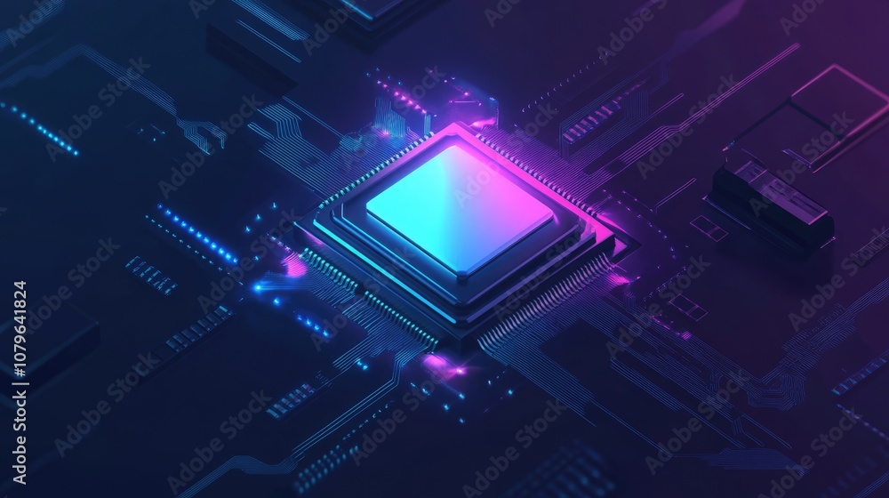 Poster neon glow circuit board with central processing unit