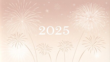 Celebratory fireworks display welcoming the New Year 2025 against a soft gradient background with golden tones