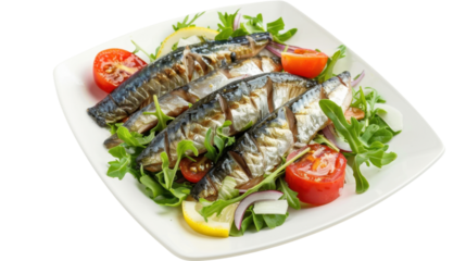 Salted mackerel salad in a white square plate on white transparent background
