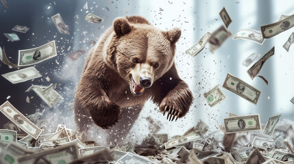 Bear Market Mayhem: A powerful brown bear charges through a blizzard of dollar bills, symbolizing the volatility and unpredictable nature of the stock market.