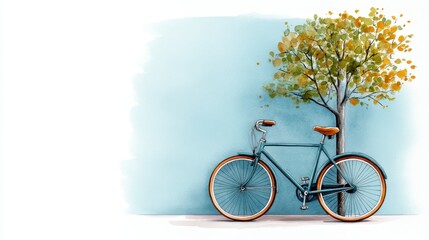 Fototapeta premium Autumn Bicycle Teal Bike Tree Watercolor Fall Leaves Nature Scene