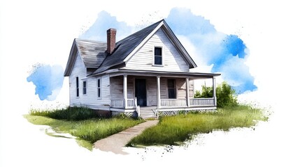 Rustic Farmhouse Watercolor Painting Country Home Rural Landscape Vintage House Home Sweet Home