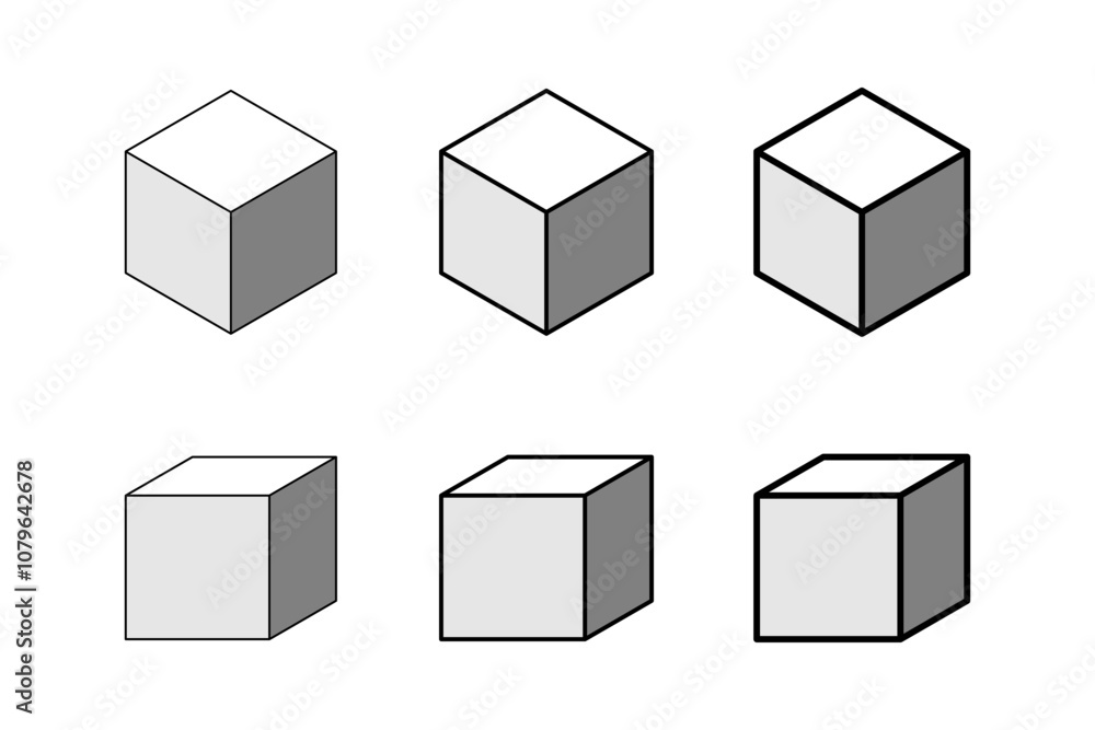 Poster icon set of parallel projection and isometric wireframe solid shaded cubes with various lineweights 