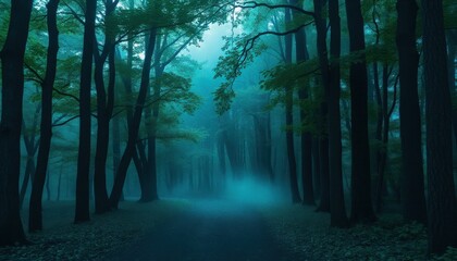 Obraz premium A mystical forest path with a turquoise gradient mist enveloping the trees. The texture of the bark and leaves is highlighted, creating a sense of depth and tranquility in the natural setting.