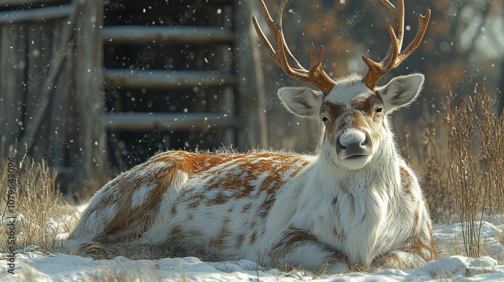 Poster a resting reindeer in a snowy landscape with soft snowfall.