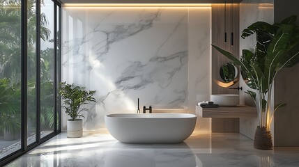 Fototapeta premium modern bathroom with white bathtub and mirror.
