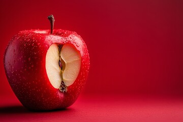 A red apple with a bite out of it rests against a crimson backdrop. Generative Ai