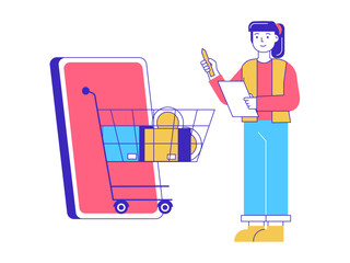 Woman is doing online shopping. Online business illustrations. Flat vector illustration.