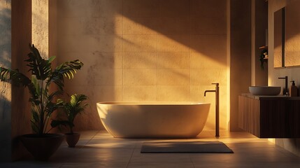 Interior of modern bathroom with white tile walls concrete floor comfortable bathtub.