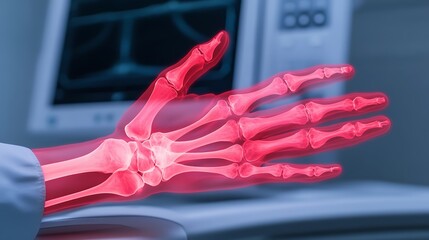 Close up X Ray Scan of a Human Hand Anatomy Showing Detailed Bone Structure for Medical or Healthcare Research Analysis and Diagnostic Purposes