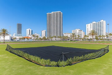 Naklejka premium A black tarp covers a field in a park with a city skyline in the background.