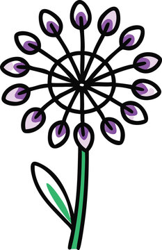 recommend clip art: Abstract Dandelion Flower Outline Vector, Black outline vector illustration of a stylized dandelion flower with purple buds, featuring a simple stem and single leaf.
                    