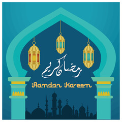 Mosque arch and hanging lanterns for Ramadan greeting cards. Silhouette of the mosque in the background. Ramadan concept. Flat vector illustration.