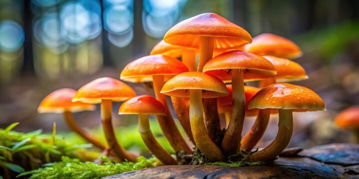 Deadly poisonous fungus with orange caps and gills, paxillus involutus, mycology, poisonous, deadly, toxic, orange