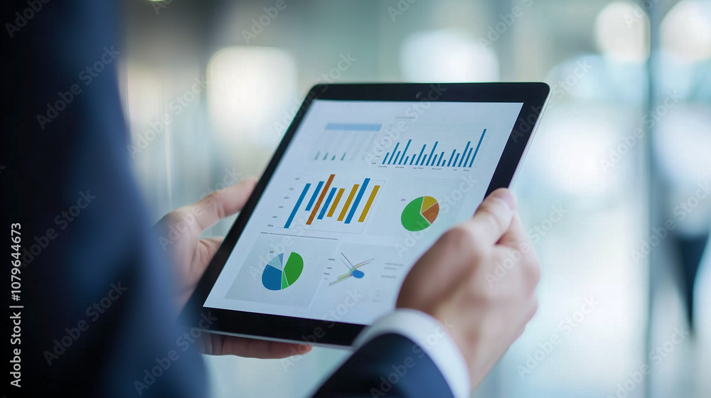 Poster data analysis on tablet: a businessman reviews key financial charts and graphs displayed on his tabl