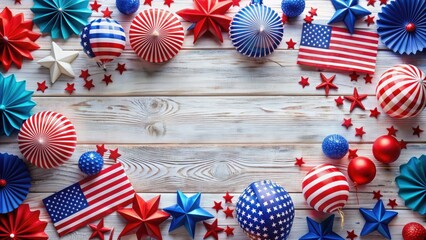 Fototapeta premium Colorful celebration of Independence Day with red, white, and blue decorations , American flag, fireworks, patriotic