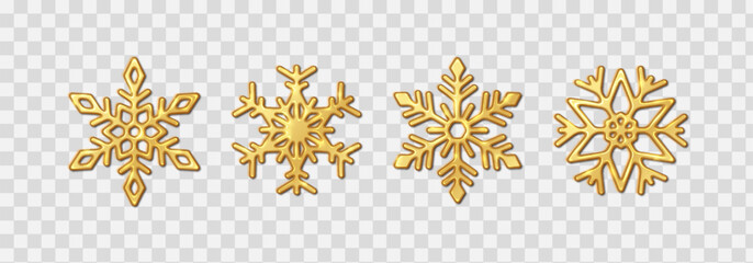 Shiny golden snowflakes with different shapes realistic color icons set. Elegant Christmas decorations 3d objects bundle on transparent background