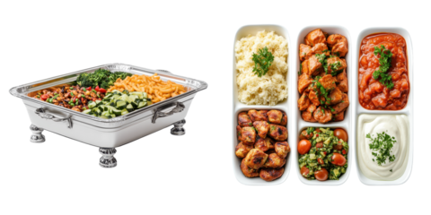 Assorted hot and cold catered dishes including salads rice meat and vegetables displayed on metal trays for corporate office or event catering  Diverse menu options for a buffet or serving spread