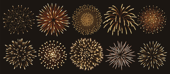 Golden fireworks exploding lights realistic color icons set. Festive celebratory atmosphere of evening 3d objects on black background