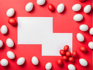 Easter banner with a blank sheet of paper and Easter red and white eggs on a bright red background. Copy space. Flat lay, top view