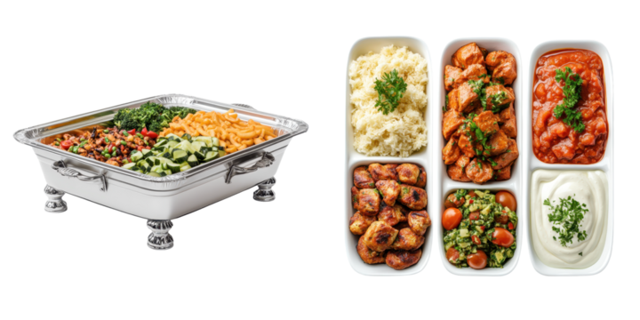 Assorted hot and cold catered dishes including salads rice meat and vegetables displayed on metal trays for corporate office or event catering  Diverse menu options for a buffet or serving spread