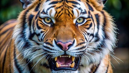 Obraz premium Close-up of Asian tiger fangs, showing their sharpness and strength, tiger, fangs, predator, wildlife, powerful, teeth, fierce