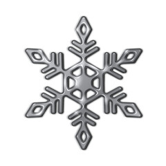 Glossy silver snowflake with reflective surface realistic vector illustration. Elegant winter festive season design 3d object on white background