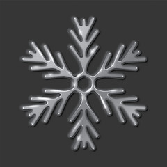 Gleaming silver snowflake of metal material realistic vector illustration. Happy winter holidays ornament 3d object on black background