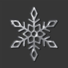 Shimmering silver snowflake with embossed effect realistic vector illustration. Winter season and holiday festivities 3d object on black