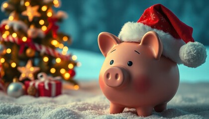 An artistic representation of a piggy bank wearing a Santa hat, with holiday lights creating a magical glow around it. The background features a snowy landscape with a Christmas tree and festive decor