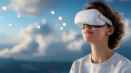 A person wearing a virtual reality headset immersed in a serene dreamlike landscape with a cloudy sky and scenic horizon