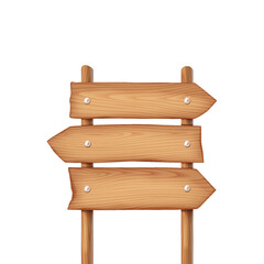 Blank wooden arrow signs pointing in different directions realistic vector illustration. Post offering space for messages 3d object on white