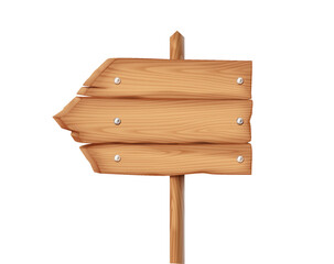 Wooden arrow signpost of brown planks realistic vector illustration. Rustic pointer showing left direction 3d object on white background