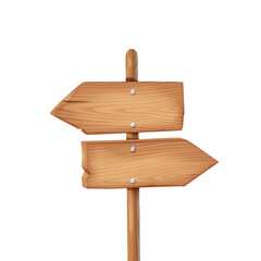 Weathered wooden arrows pointing in opposite directions realistic vector illustration. Signpost effective way finding tool 3d object on white