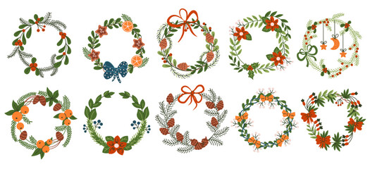 Christmas wreaths with decorations flat color vector objects set. Winter holiday season ornaments illustrations bundle on white background