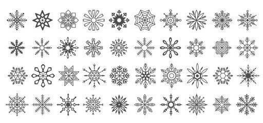 Minimal snowflake frozen water crystals black linear icons collection. Winter season and Christmas holidays ornament objects set on white
