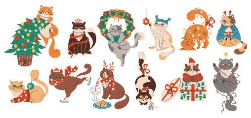 Fototapeta premium Funny new year cats naughty behavior flat color vector characters set. Christmas holidays with pets illustrations bundle on white background