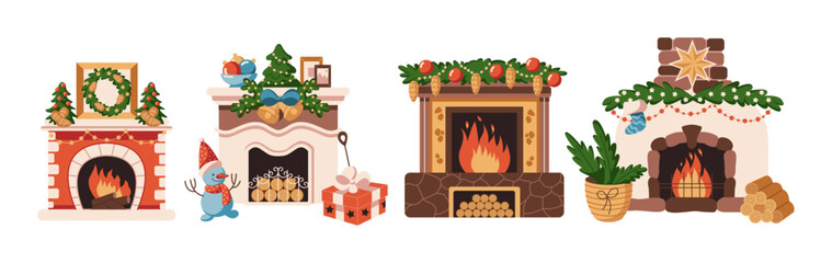 Fototapeta premium Fireplaces with Christmas decorations flat color vector objects set. Holiday atmosphere at home illustrations bundle on white background