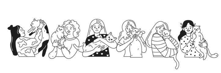 Happy women caressing adorable cats linear icons collection. Female pet owners with domestic animals characters set on white background