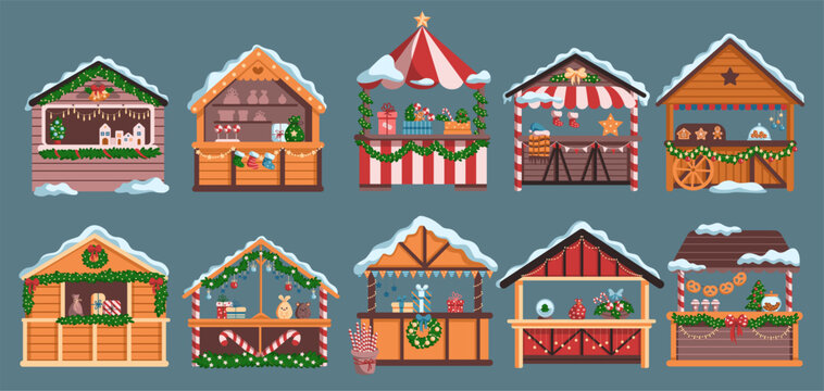 Winter fair vintage stalls flat color vector objects set. Wooden kiosks with Christmas decorations illustrations on green background