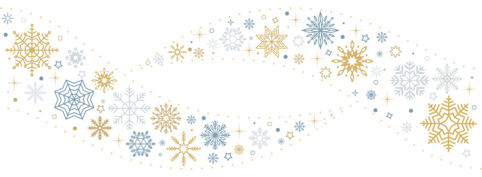 Snowflakes wavy seamless pattern flat color vector frame. Happy winter holidays and Christmas celebration illustration on white background
