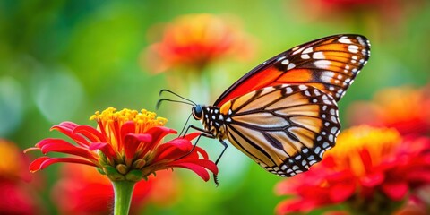 Fototapeta premium Colorful butterfly perched on a vibrant red flower in the beauty of nature, butterfly, colorful, red flower, nature