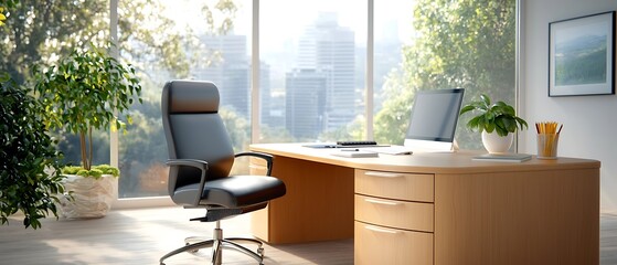 Fototapeta premium Bright and inviting home office setting with wooden desk desktop computer and potted plant near large window Minimalist and modern workspace design promoting productivity and comfort