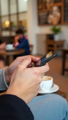 Close-up of hands using a smartphone or tablet, with a blurred background of a coffee shop or office