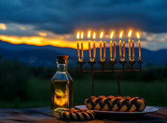 A serene sunset scene featuring a menorah, oil, and cookies for Hanukkah celebration.