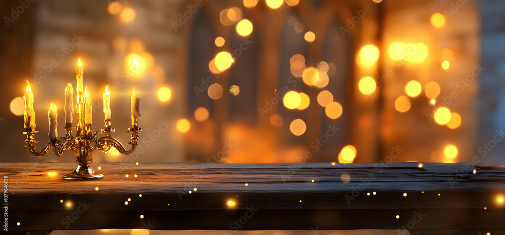 Poster a candlelit scene with a chandelier and glowing bokeh effects creating a warm ambiance.